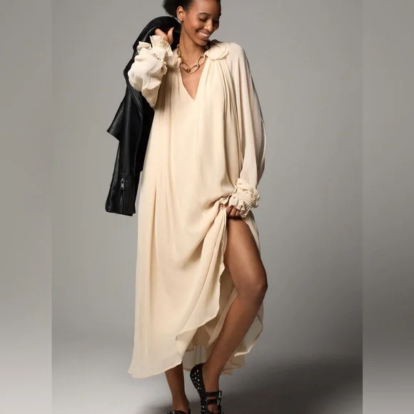 Anthropologie Long Sleeve Sheer Pleated Midi / Maxi Dress - Picture 2 of 8